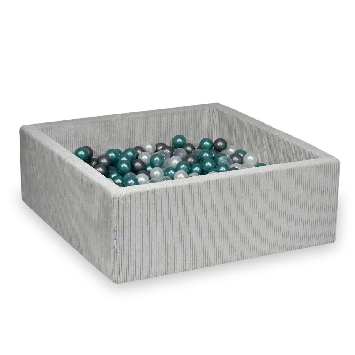 Suchy basen 110x110x40 Sztruks Szary 600 piłek: przezroczyste, perłowe, srebrne, metaliczny turkus