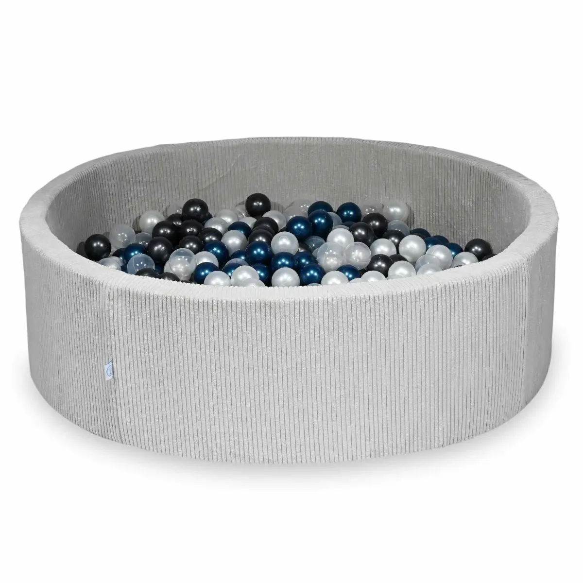 Suchy basen 130x40 Sztruks Szary 700 piłek: przezroczyste, perłowe, metaliczny grafit, metaliczny niebieski