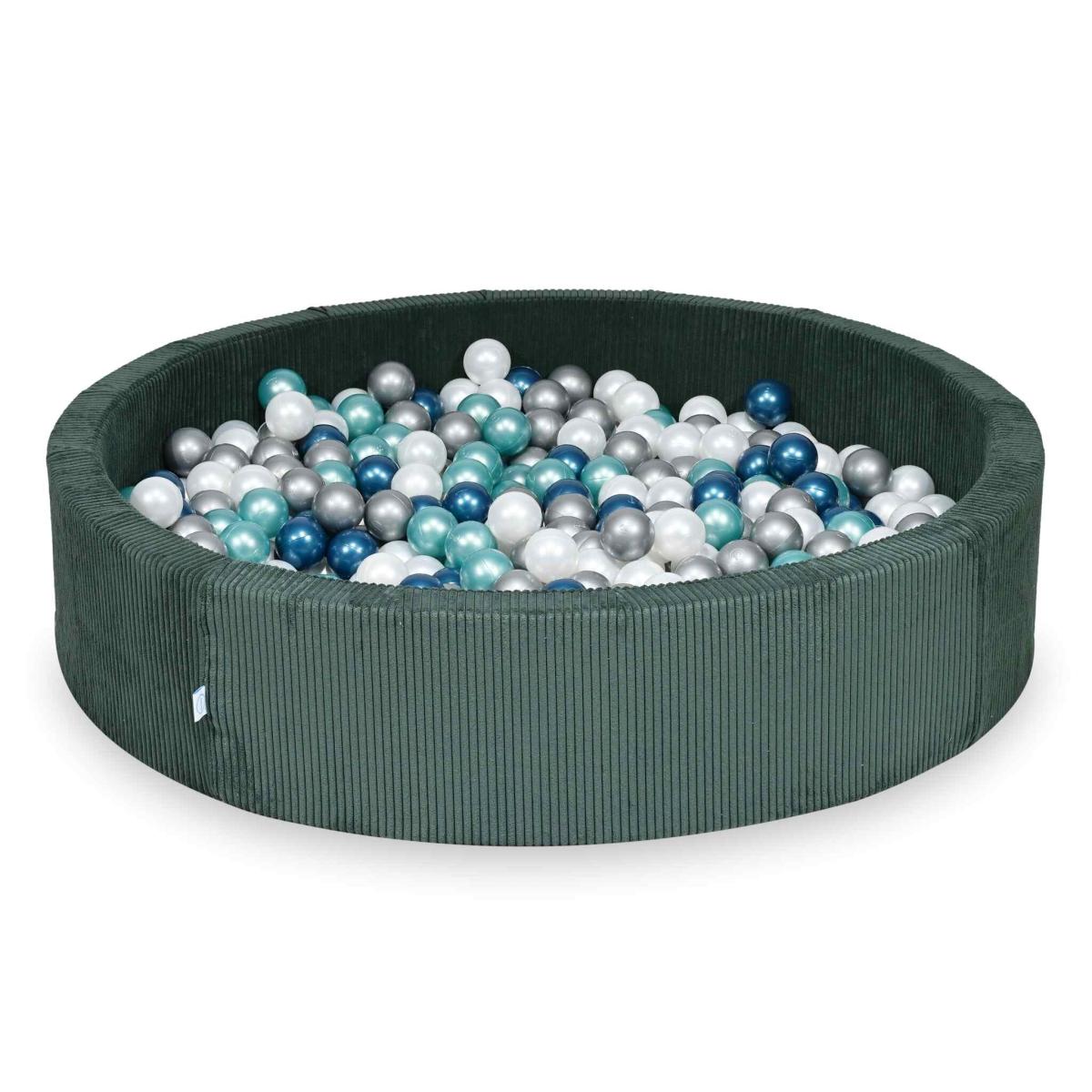 Suchy basen 130x30 Sztruks Zielony 600 piłek: perłowe, srebrne, metaliczny turkus, metaliczny niebieski