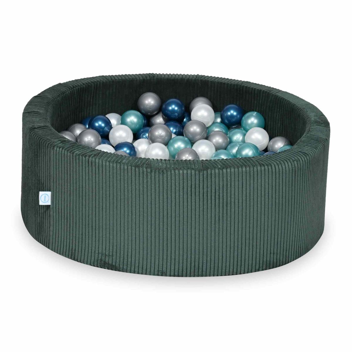 Suchy basen 90x30 Sztruks Zielony 200 piłek: perłowe, srebrne, metaliczny turkus, metaliczny niebieski