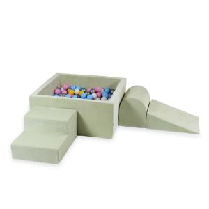 Piankowy plac zabaw z basenem okrągłym 90x30 Velvet Soft Jasnomiętowy + 200 piłek: białe, srebrne, pudrowo różowe, żółte, jasnobłękitne